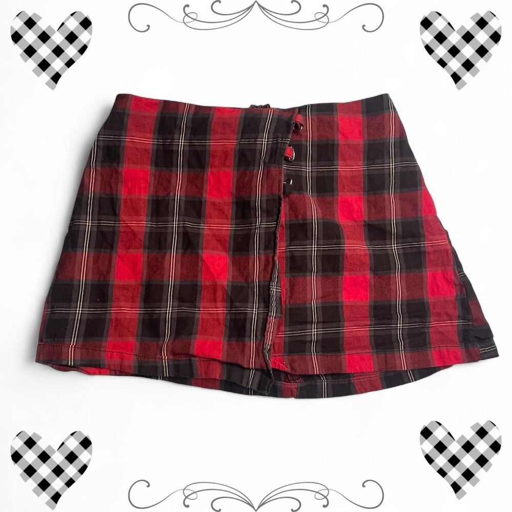Red & Black Plaid Faux Wrap Mini Skirt with D-Rings Wild Fable